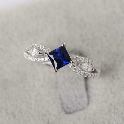 2 Ct Princess Cut Simulated Blue Sapphire Engagement Ring 14K White Gold Plated