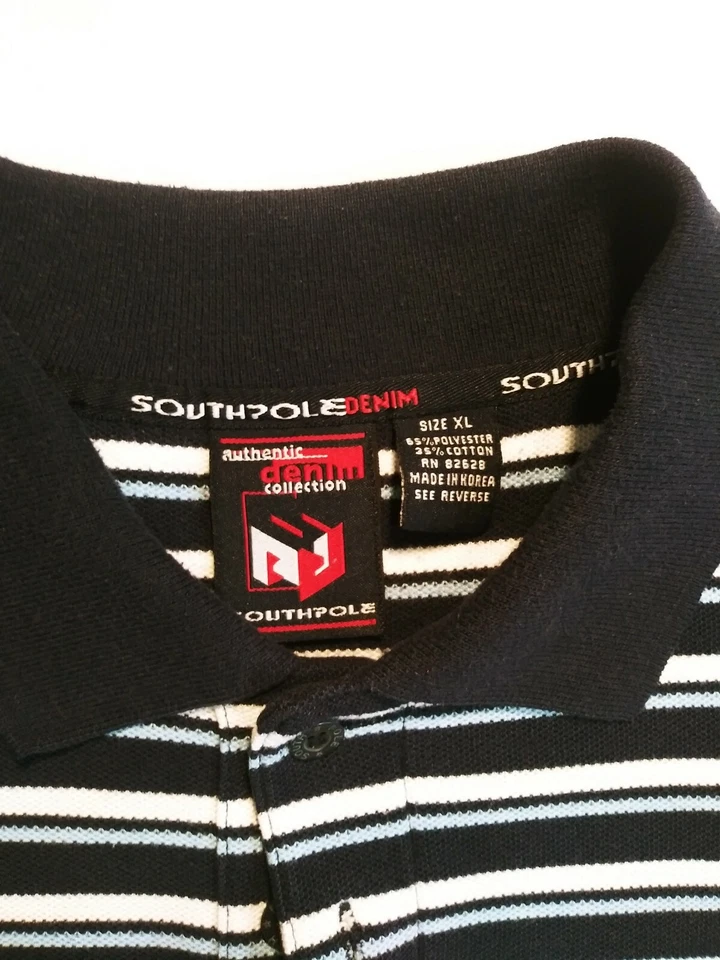 Mens South Pole denim Collection Polo Button Up Striped Blues White XL - Image 2 of 4