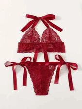 Romwe ribbon tie sheer lace halter bralette & cheeky panties set S burgundy nip