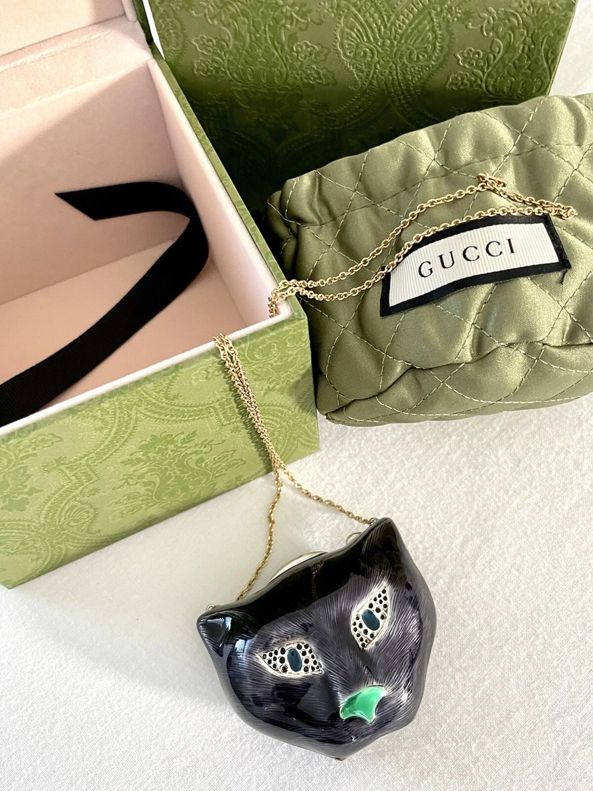 Rara Collana GUCCI LE MARCHÉ DES MERVEILLES Smalto Felino Minaudiere 925 18k Yg