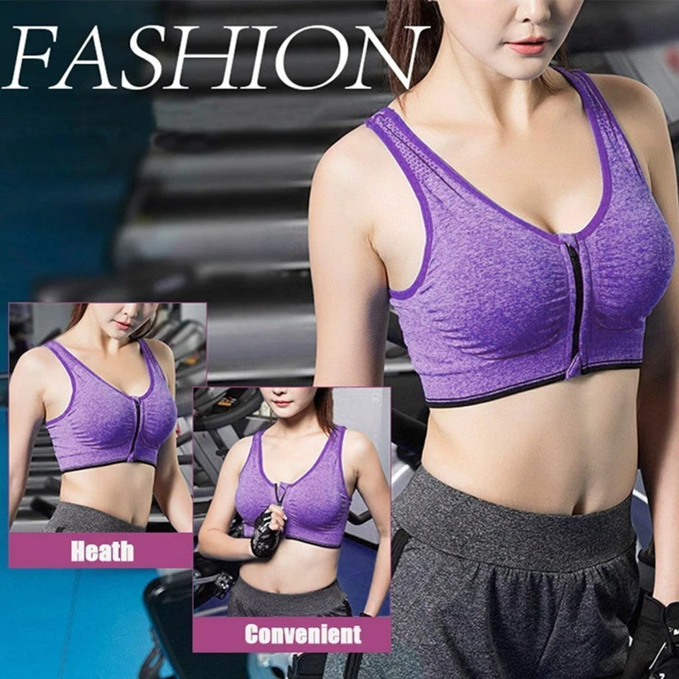Women High Impact Front Zipper Closure Elastic Straps Padded Sports Bra Workout - Image 2 of 4