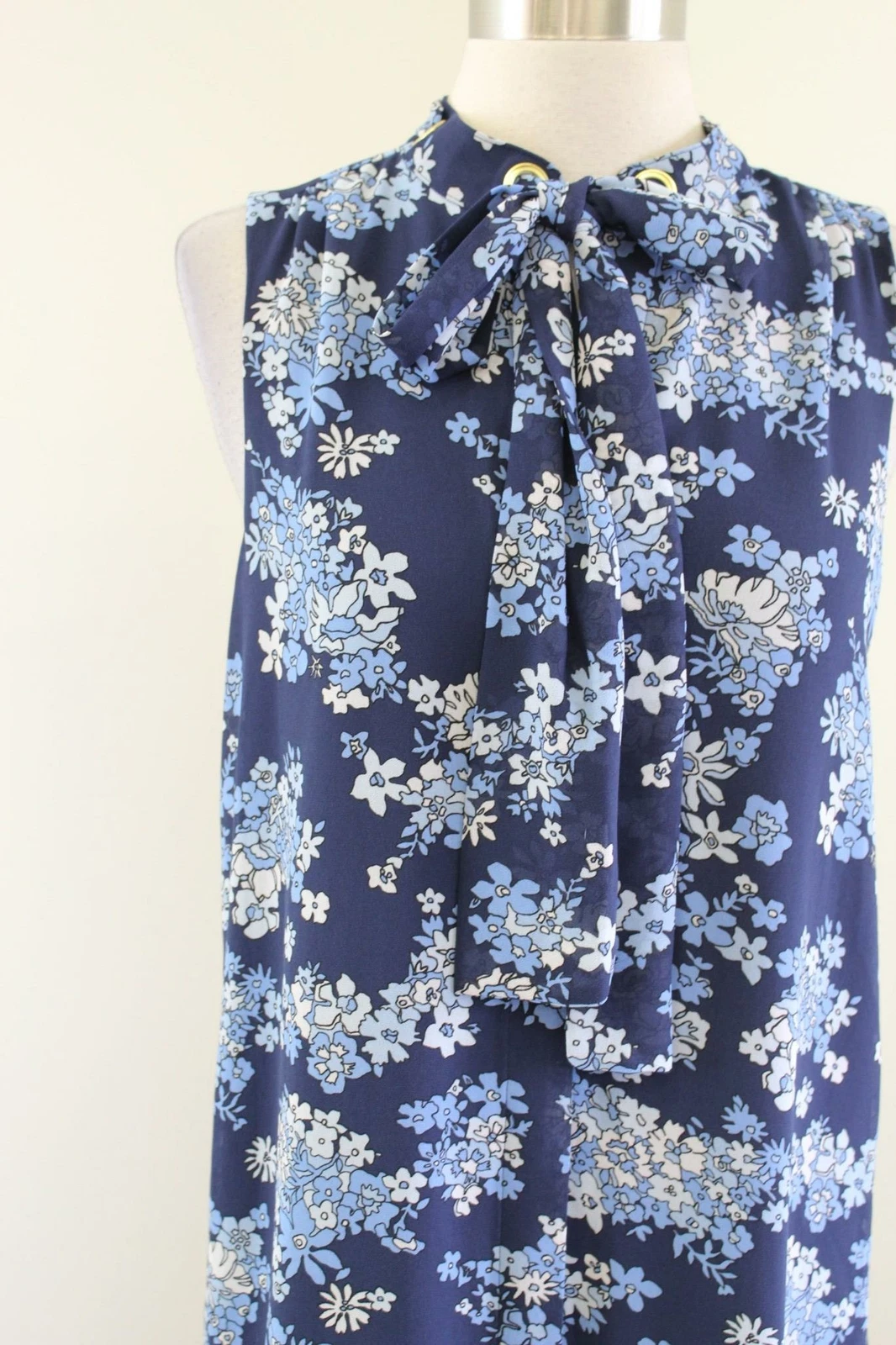 NWT Michael Kors Blue Floral Tie Neck Pussybow Shift Dress Size M Spring Button