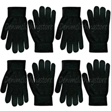 Lot of 4 Pairs Black Warm Winter Magic Gloves Knit Thermal Men Women Stretchy