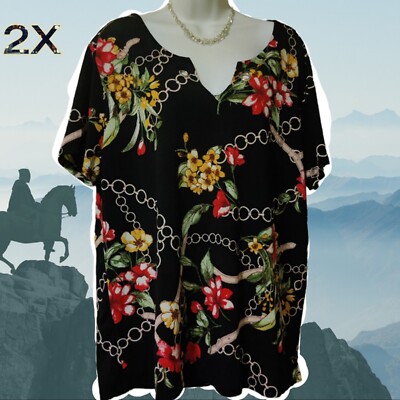 LAVISH PLUS 2XL, Gold Baroque Chain, Floral, Equestrian Woman's Blouse Beautiful