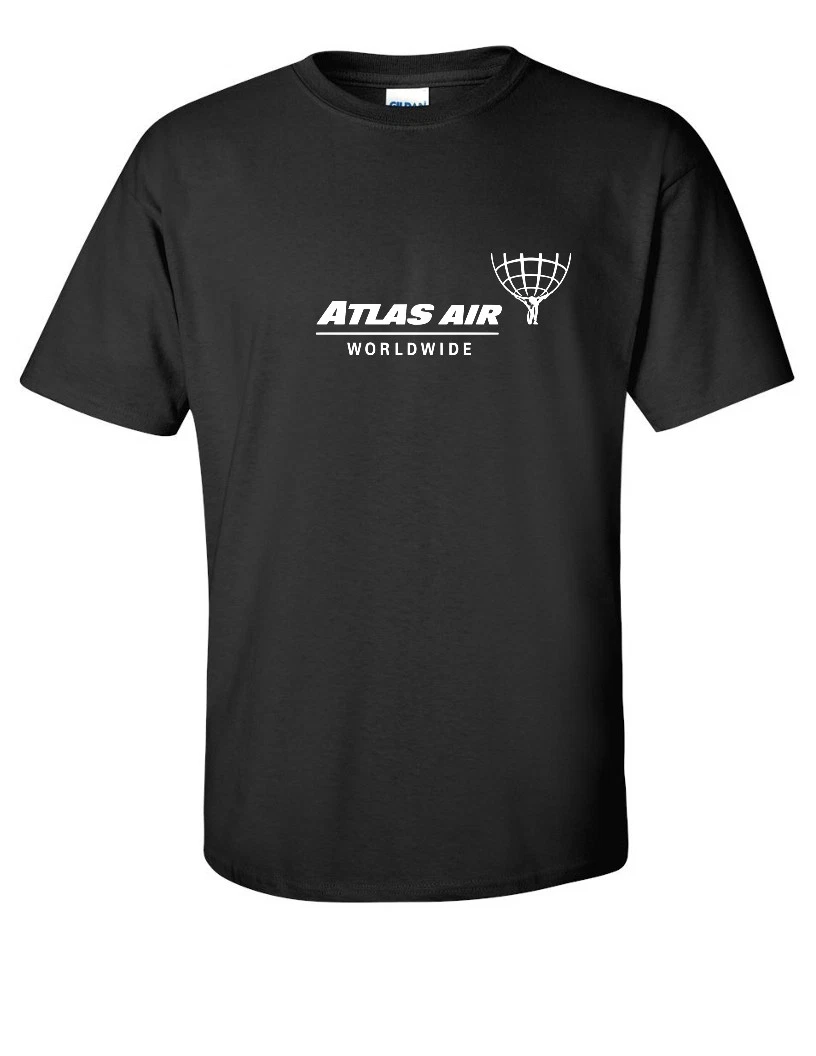 Atlas Air White Logo American Airline Black Cotton T-Shirt S-5XL