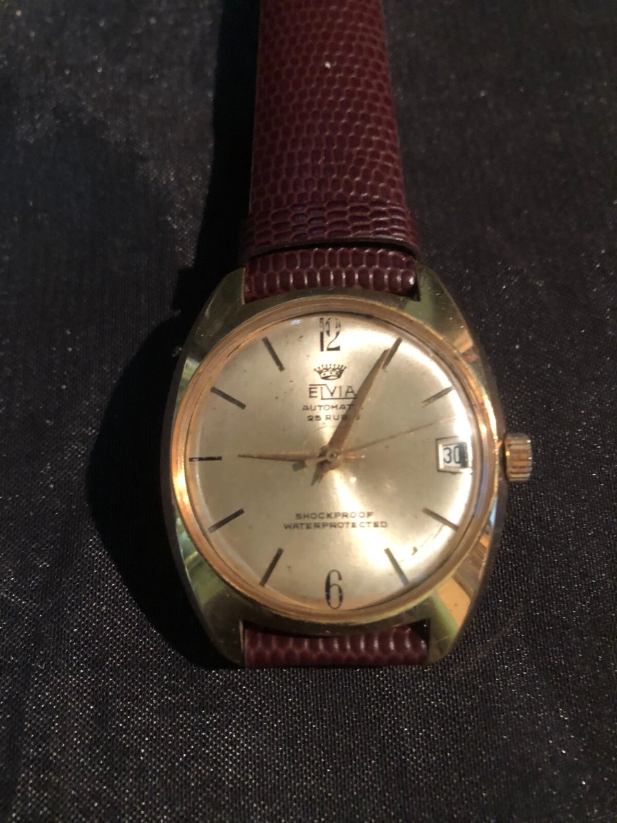 Montre Automatique Elvia Homme Vintage - Cadran Crème, Boîtier Plaqué Or, Bracelet Cuir Noir, Occasion