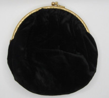 KORET Vintage Black Velvet Clutch Round PURSE -gold clasp 5.5" x6"