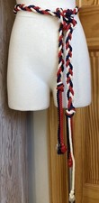 70s Vintage MCM Boho Braided Rope Long Belt O/S Tassels Wood Beads Patriotic EUC