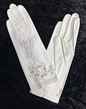 Vintage 1950s White Leather Opera Gloves Floral Embroidered Floral Short NEW XS