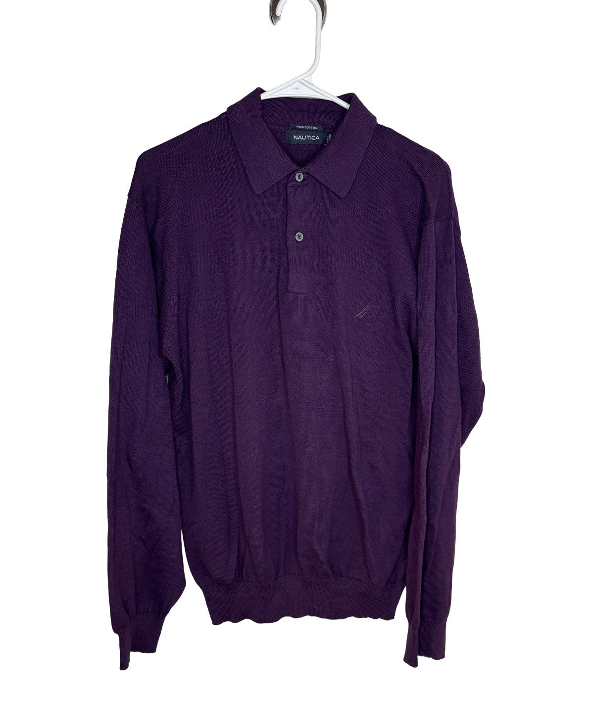 Nautica Men’s Purple Pima Cotton Collared Pullover Sweater Knit Button Logo Sz L