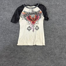 Crash & Burn Raglan Shirt Womens Size M Cream Grey Graphic Phoenix Y2K USA Made