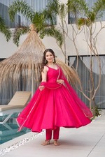 New Chanderi Silk Anarkali Gown Wedding Party Wear Drees Ready to Wear 3pc Set