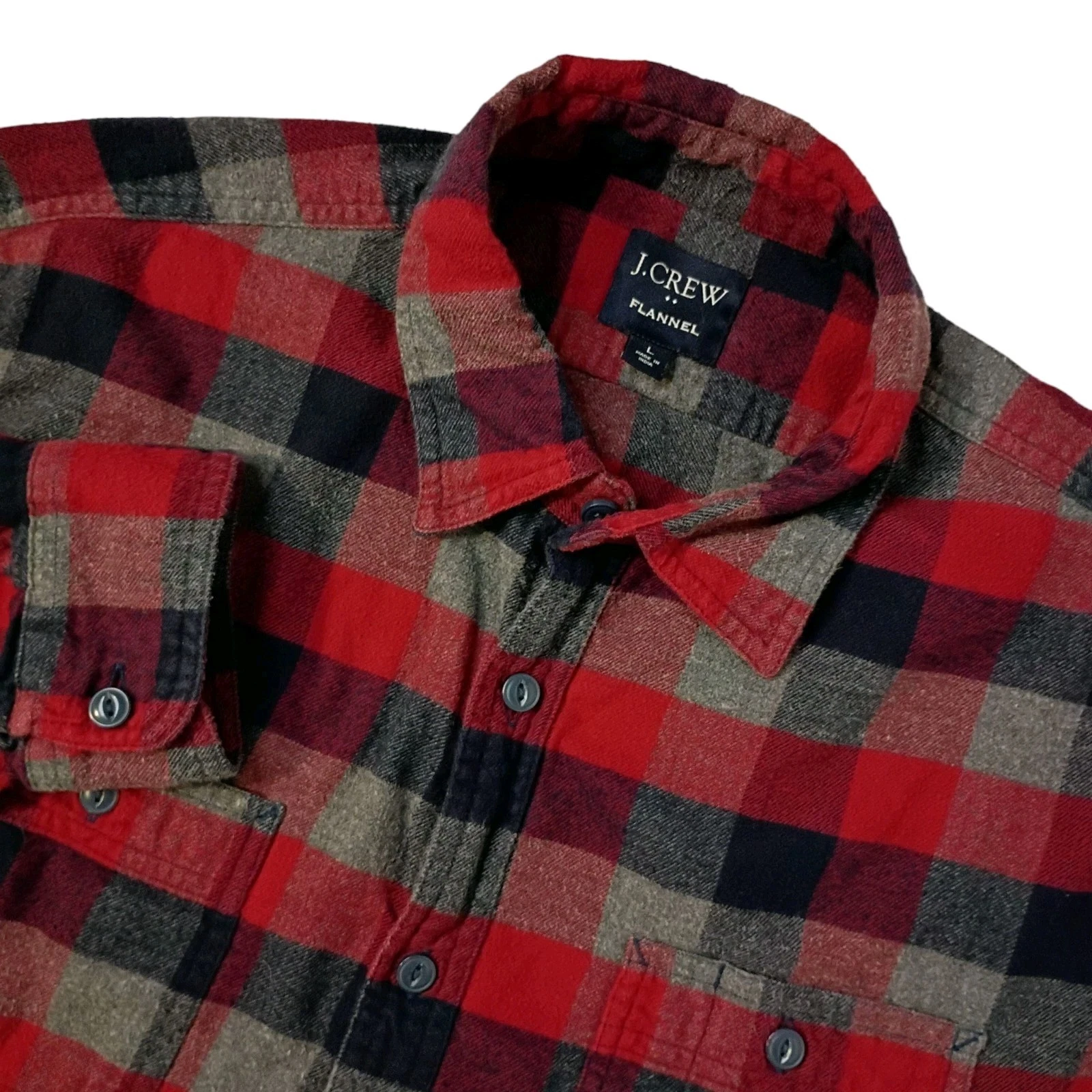 J Crew Flannel Shirt Mens Large Blue Gray Red Plaid Cotton Long Sleeve Pockets