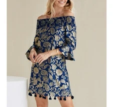 Cabana Life Dress Size M Navy Blue Gold Foil Metallic Off the Shoulder Tassels