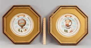 Pr Antique French HOT AIR BALLOON Aviation J. Siquier Porcelain Painting Plates
