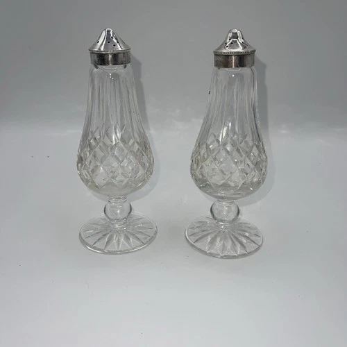 Waterford Lismore Salt & Pepper Shakers Footed Base Silverplated Lids Set 2