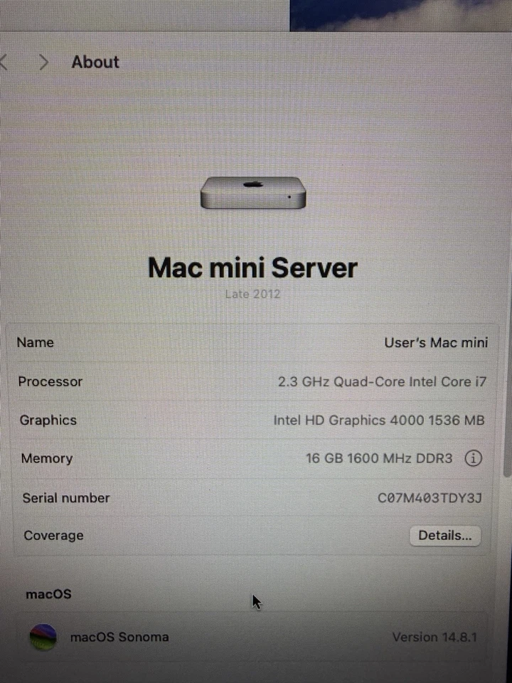 Apple Mac Mini Server 2.3 GHz i7 16GB RAM 2x 250GB Late 2012 A1347 Sonoma - Image 3 of 4