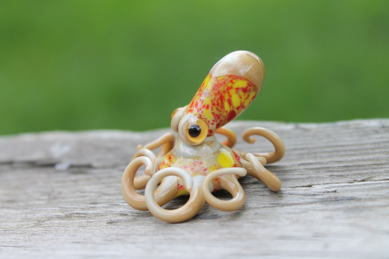 Handmade Glass Octopus Figurine – Yellow Red Blown Glass Kraken