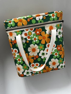 Vintage 70er Retro Flower Power Thermo Picknick Kühlbox Strandtasche Floral Grün 