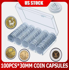 100PCS 30mm Silver Gold Coin Cases Capsules Holder Clear Plastic Round Storage