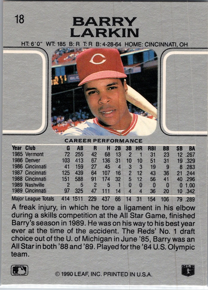 1990 Leaf #18 Barry Larkin - Image 2 of 2