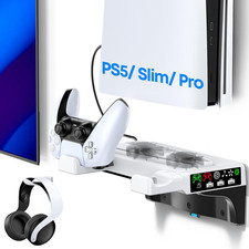 5 PS5/Slim/Pro Wall Mount Kit with Cooling Fan  Charging Station Shelf