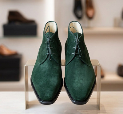 Herren Neu Handgefertigt Grün Wildleder Chukka Stiefel Leder Oxford Stiefeletten