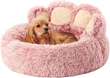 Jiupety Paw Shape Calming Pet Bed, Plush Faux Fur Donut Bed for Large, Pink