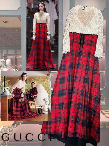 Abito lungo Gucci collezione Runway fantasia quadri pizzo floreale pezzo unico donna