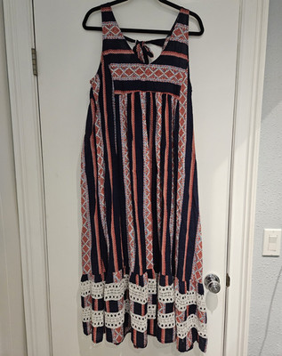 Sand & Spirit Womens Midi Sundress V-Neck Geometric Blue/Red/White M Lightweight