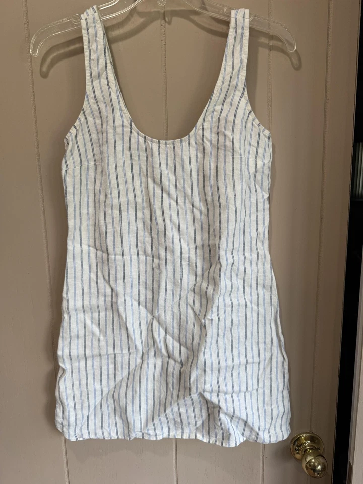 Reformation Dress Womens XS White Blue Striped Linen Scoop Neck Tank Mini Shift - Image 4 of 4