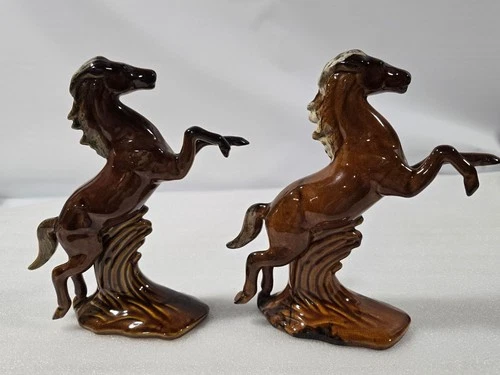 Anna Van Briggle Vintage Ceramic Rearing Horse Figurines Brown Drip Pair Signed