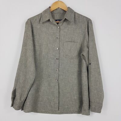 Dolina Women Size 12 Grey Vintage 80's Straight Cut Linen Look Button Up Shirt