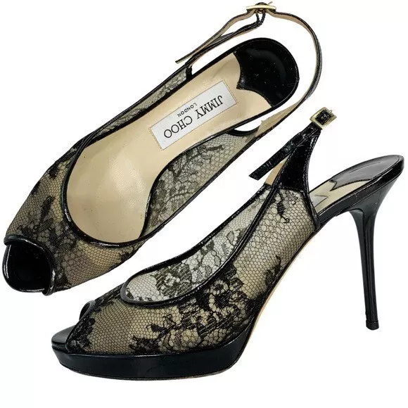 Jimmy Choo Nova Black Floral Lace Mesh Slingback Sandal Heels 37.5