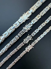 Real Solid 925 Silver Handmade Byzantine Chain Mens Necklace 5mm-10mm Box Clasp