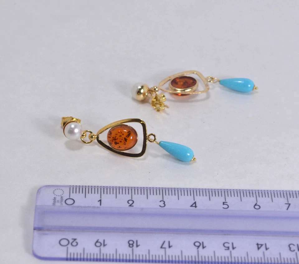 ORECCHINI ARGENTO 925 DORATO AMBRA OVALE PERLE E PENDOLI TURCHESE AGHT 0852 - Immagine 3 di 3