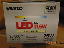 LOT OF 6 SATCO LED A19 Light Bulbs 11.5W = 75W SOFT White 1100L 25,000 HRS DIMMA