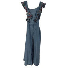 Wide Leg Jumpsuit L Blue Pin Striped Floral Embroidered Ruffle San Joy Open Back