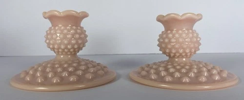 Fenton Rose Pastel Hobnail Milk Glass Candle Holders – Vintage Pair – Pristine