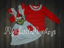NEW Boutique Grinch Christmas Girls Suspender Skirt Outfit Set