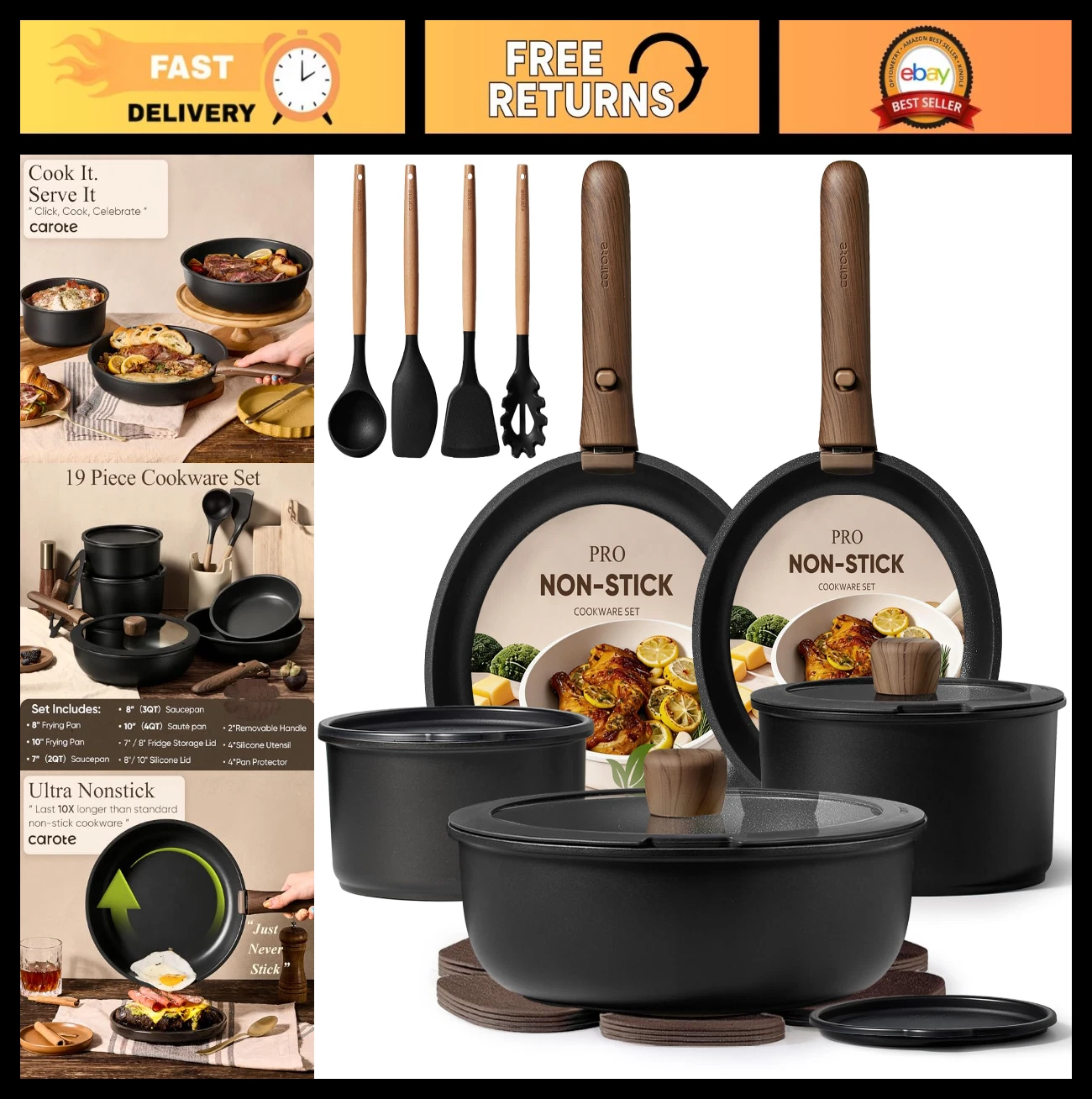 19pcs Non-Stick Cookware Set with Detachable Handle, Induction Safe, Space Savin