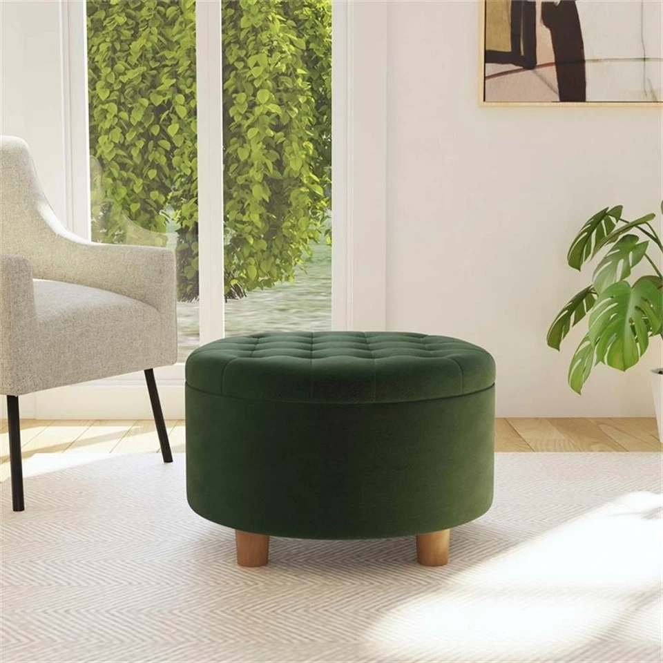 HomePop 17" Transitional Round Fabric Storage Ottoman in Loden Green - Image 2 of 4