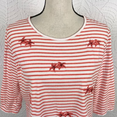 Lulu B Top Size L Orange White Striped Sequin Starfish Nautical Casual Beach
