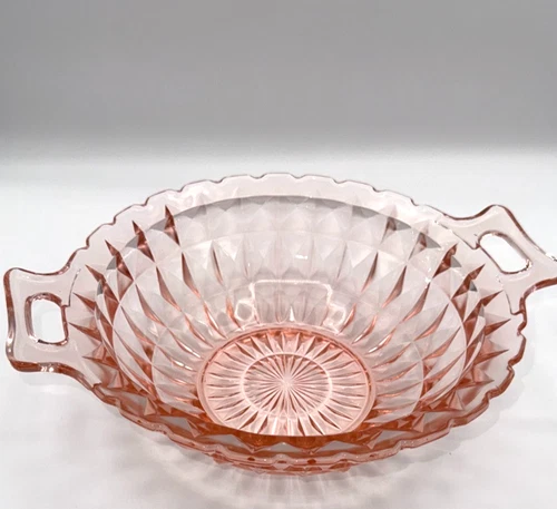 Windsor PINK Jeanette BOWL Handles DEPRESSION Glass 1930's Diamond Design Vtg