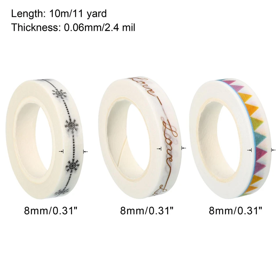 3pcs 8mmx10m Washi Tape Masking Sticker, Flag, Snow, Love - Image 2 of 4