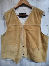 Vintage Sears The Leather Shop Suede Faux Sherpa Lined Vest Men's Large Western