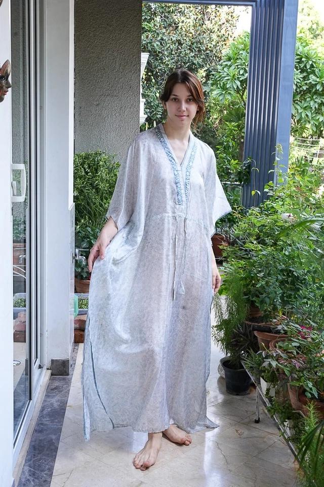 Maxi túnica larga de seda pura caftán blanco-verde PS KFN3056 Foto 2 de 4