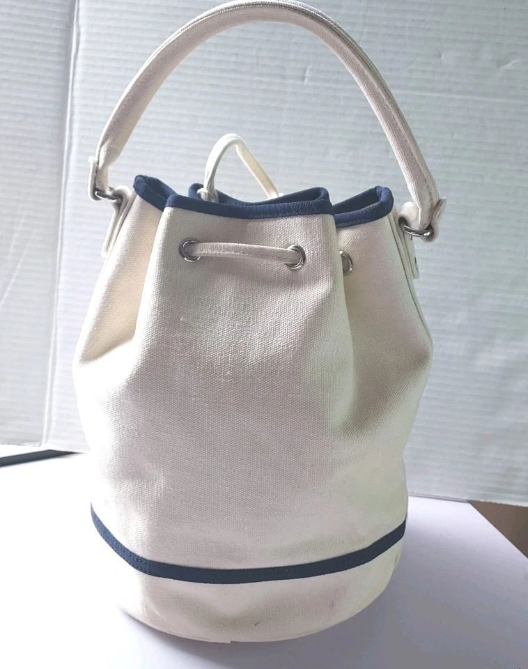 Tommy Hilfiger Bucket Bag Purse Beige White Blue Canvas Drawstring Handbag Y2K - Image 3 of 4