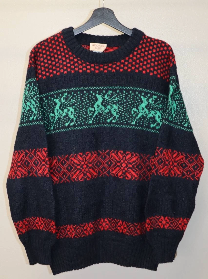 Woodward Men's L Deer Pattern Wool Sweater Multicolor Made in Italy
