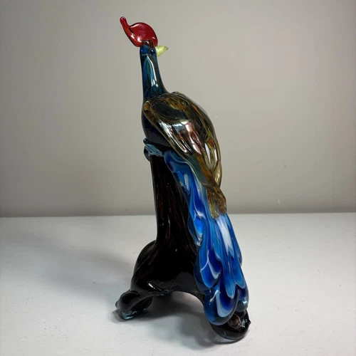 Vintage Murano Italy Art Glass Peacock on Branch 13 inches tall